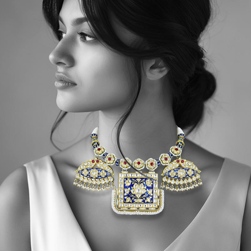 Blue Enamel Pankhi Polki Pendant Necklace